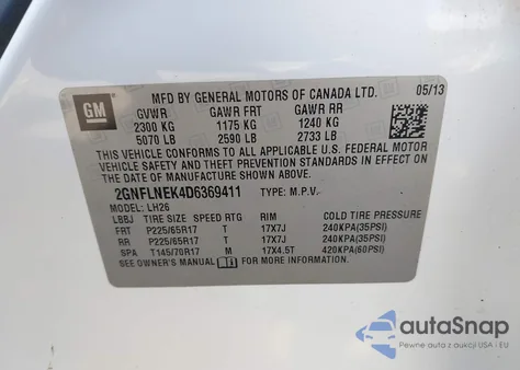 2013 Chevrolet Equinox 2Lt z USA, uszkodzony, nr VIN 2GNFLNEK4D6369411